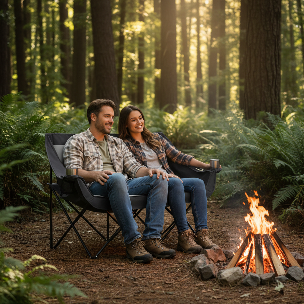 Couple sitting together on black oversized double camping chair with padded backrest at a campsite with campfire