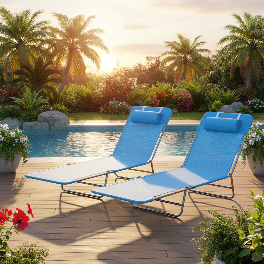 Two blue folding chaise lounge chairs with silver steel frames on a patio deck next to a pool at golden hour