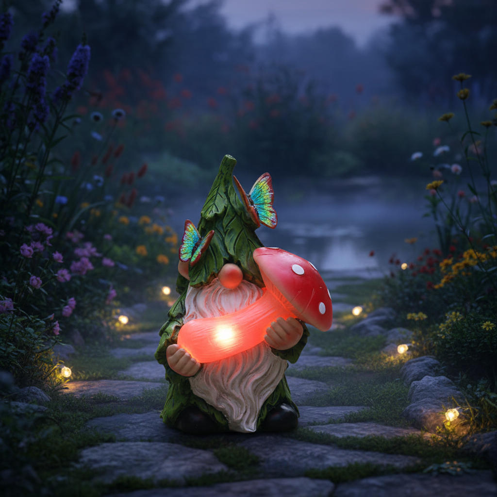 Garden gnome with glowing red mushroom solar LED light at dusk in magical garden path