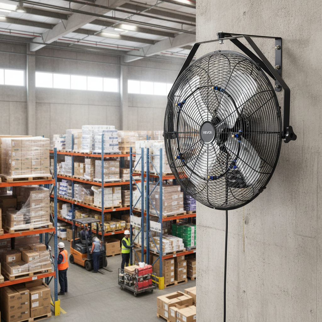 Large black 20-inch wall-mounted industrial fan installed in a warehouse circulating air over workers