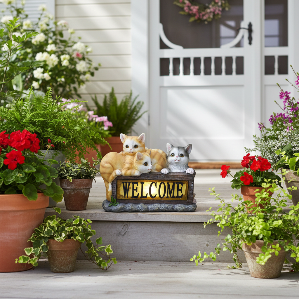 Three kitten statues peeking over Welcome sign on sunny front porch daytime