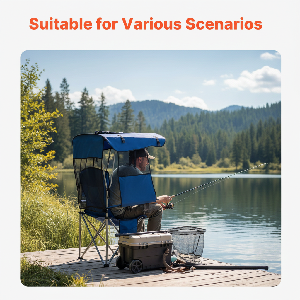 Person sitting on deep blue folding camping chair with canopy shade fishing by a lake on a sunny day