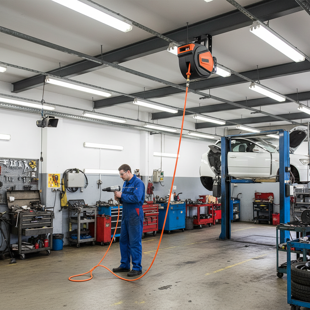 Black and orange retractable air hose reel ceiling-mounted in professional auto repair shop with orange hose extended to pneumatic tool