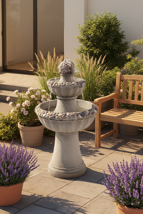 2-tier grey stone garden fountain with river rock inlay on a stone patio terrace with lavender and a wooden bench