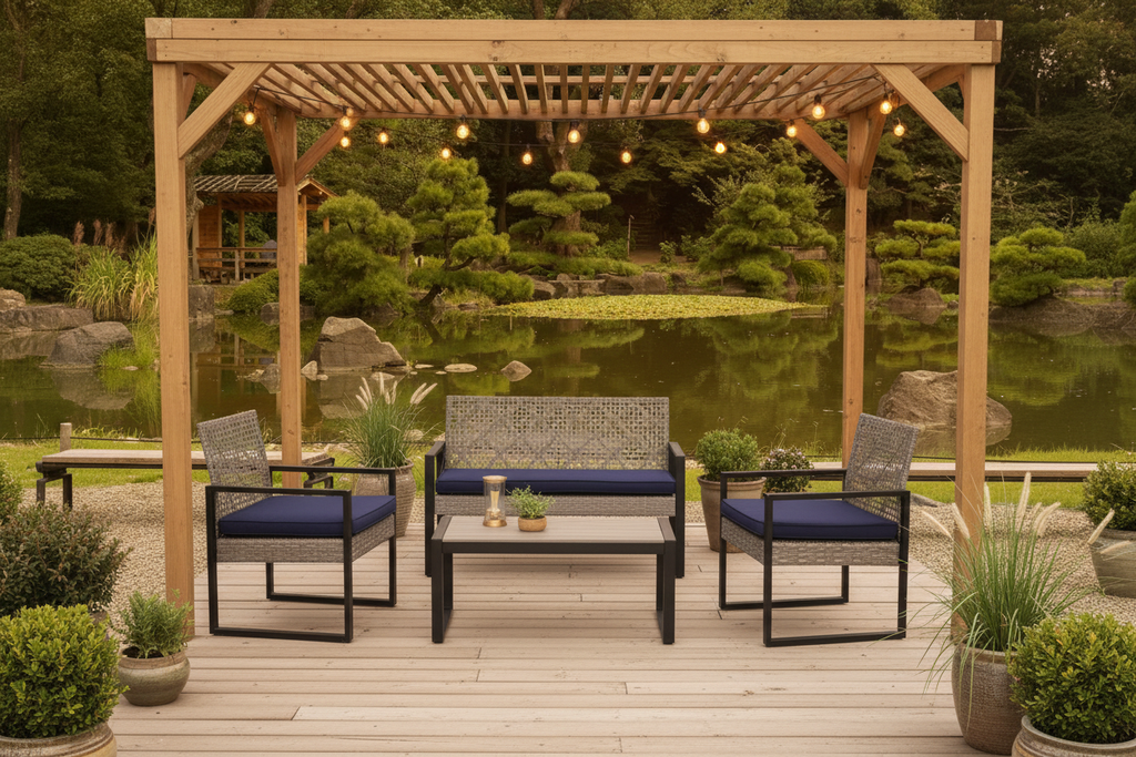 4-piece light gray rattan patio sectional set with navy cushions on a backyard deck with pergola at golden hour
