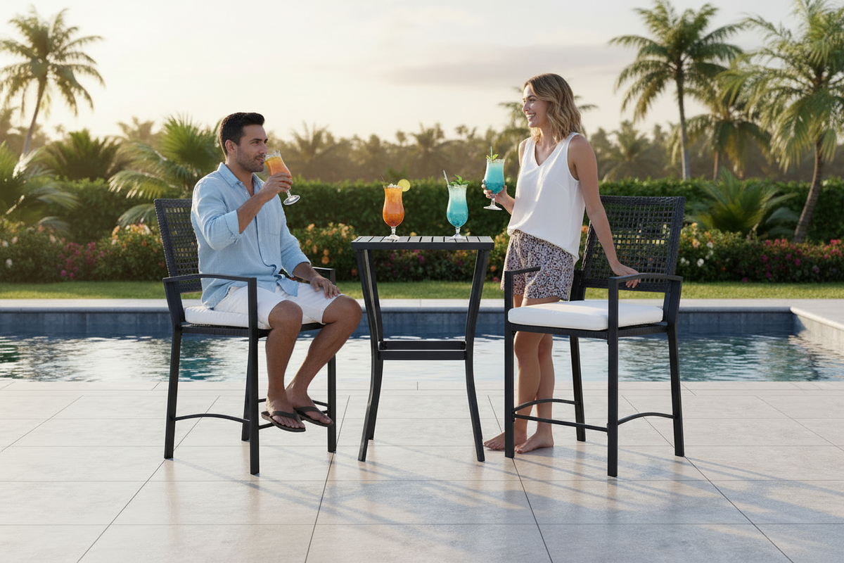 3-Piece Outdoor Wicker Bar Set with Cushioned Stools & Slat Table – Black