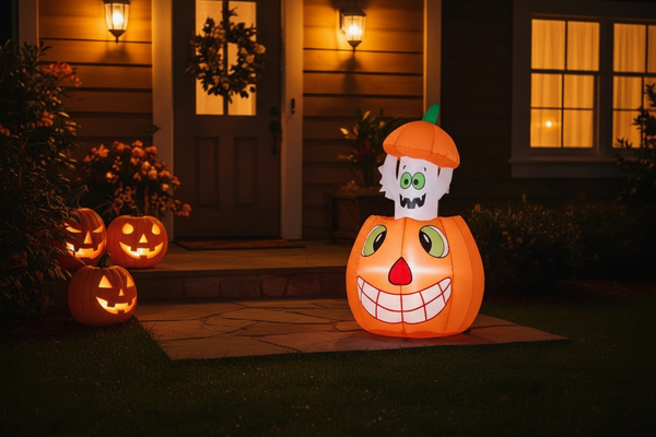 2.8ft animated pumpkin ghost inflatable glowing on a Halloween front porch at night