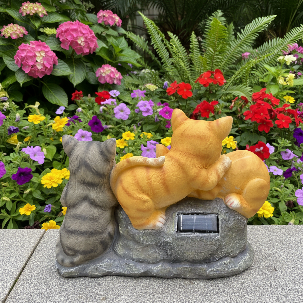 Orange and gray tabby cat statues on rock with solar panel in lush garden daytime