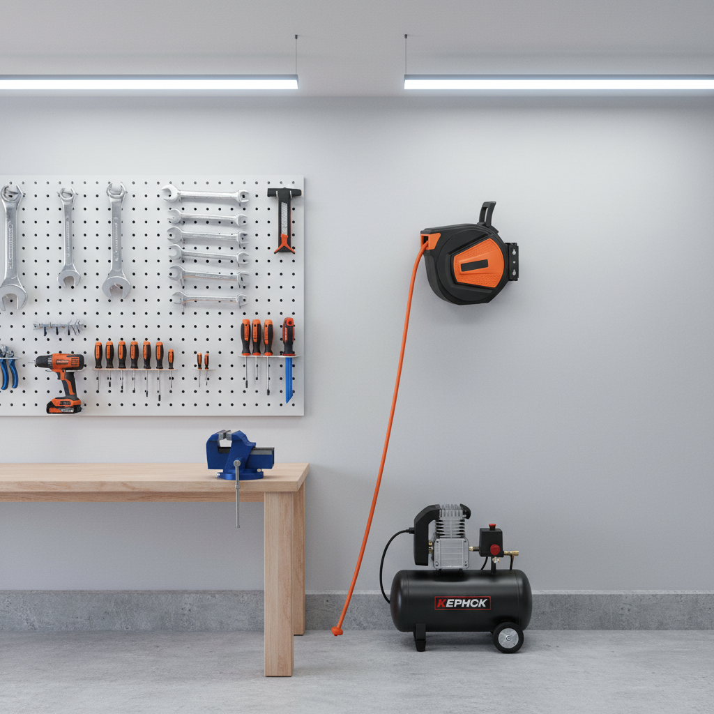 Black and orange enclosed retractable air hose reel mounted on workshop wall next to air compressor in clean organized garage