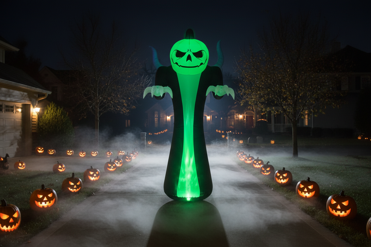 12ft pumpkin reaper ghost inflatable glowing green along a Halloween driveway at night