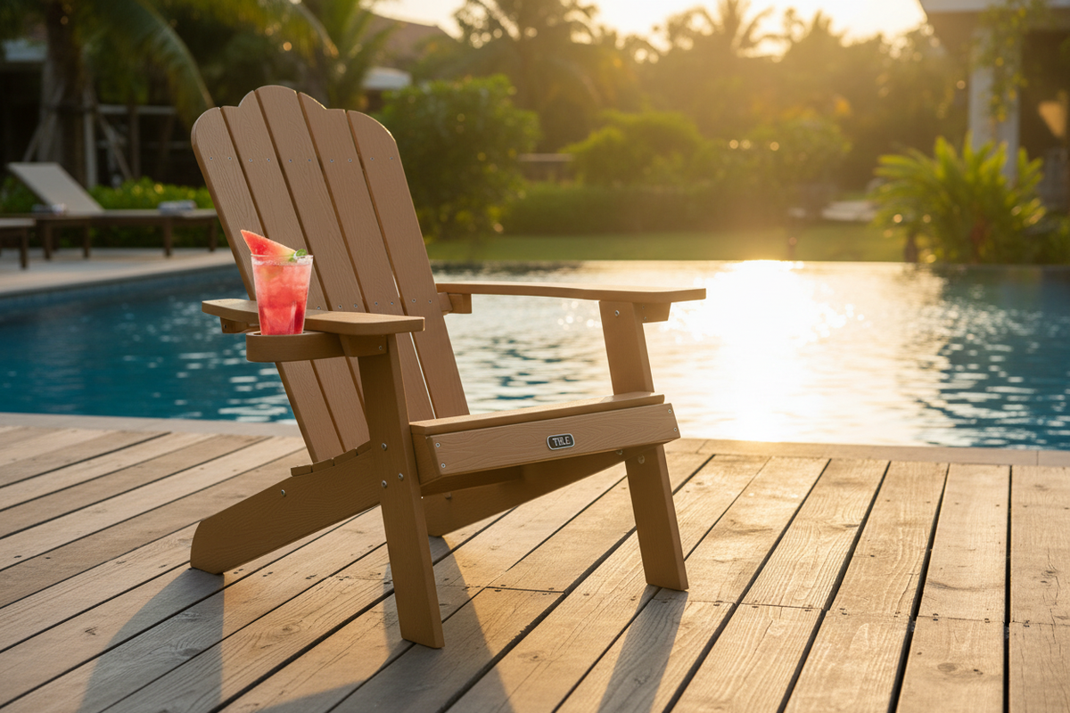 Brown all-weather Adirondack chair with cup holder on a poolside deck at golden hour