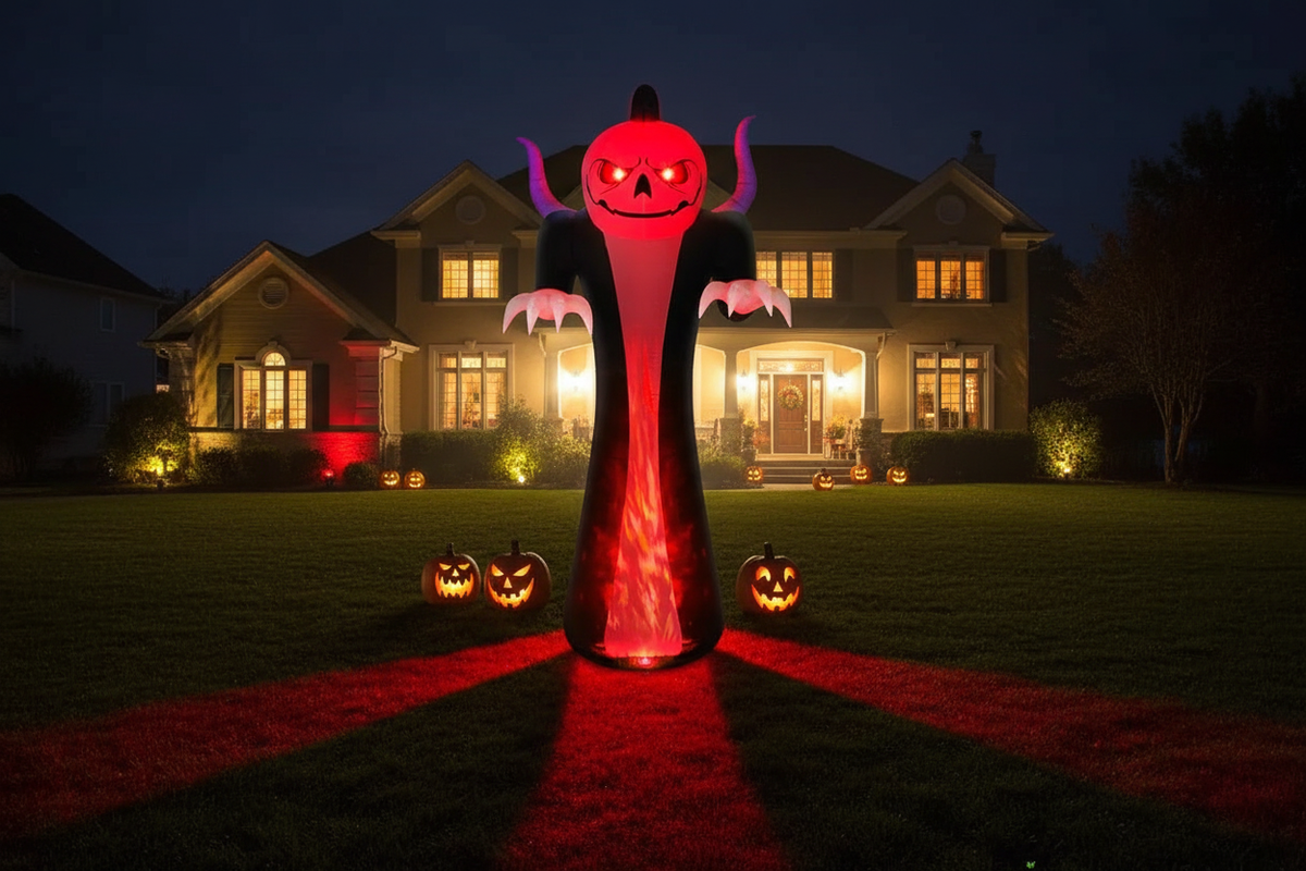 12ft pumpkin reaper ghost inflatable glowing red on a Halloween front lawn at night