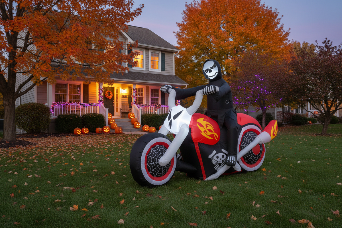 6ft Halloween Grim Reaper biker inflatable with LED lights displayed on a decorated front yard at dusk