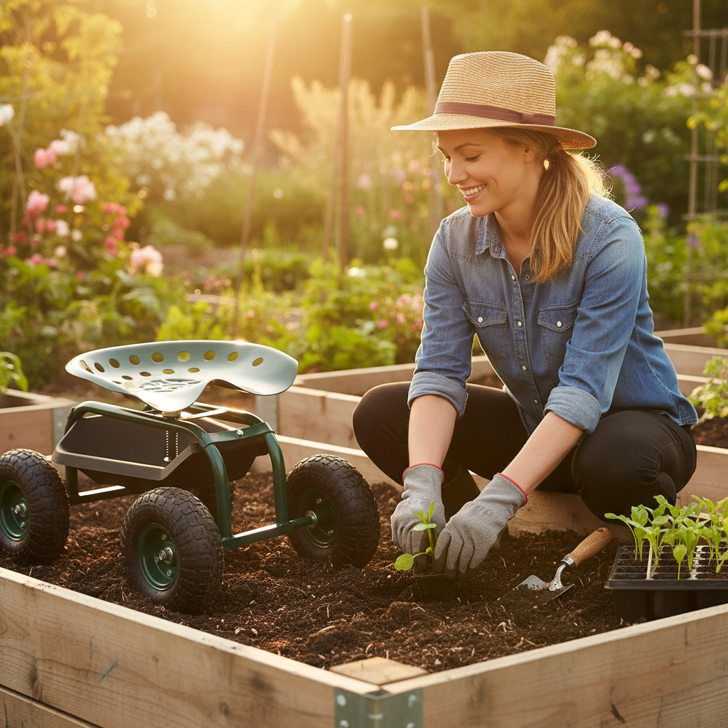 Woman sitting on green rolling garden cart with swivel seat planting seedlings in raised garden bed