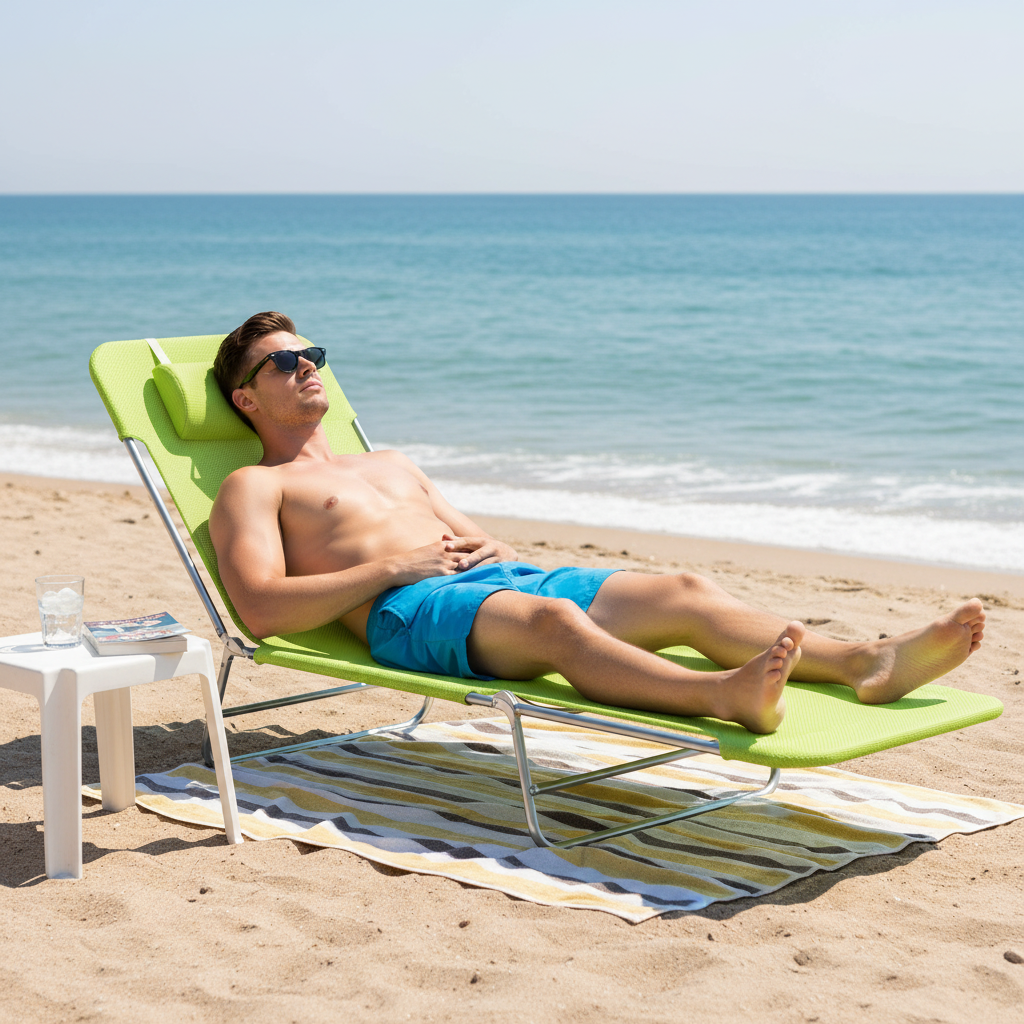 Man sunbathing on lime green folding reclining chaise lounge with silver steel frame on a sandy beach