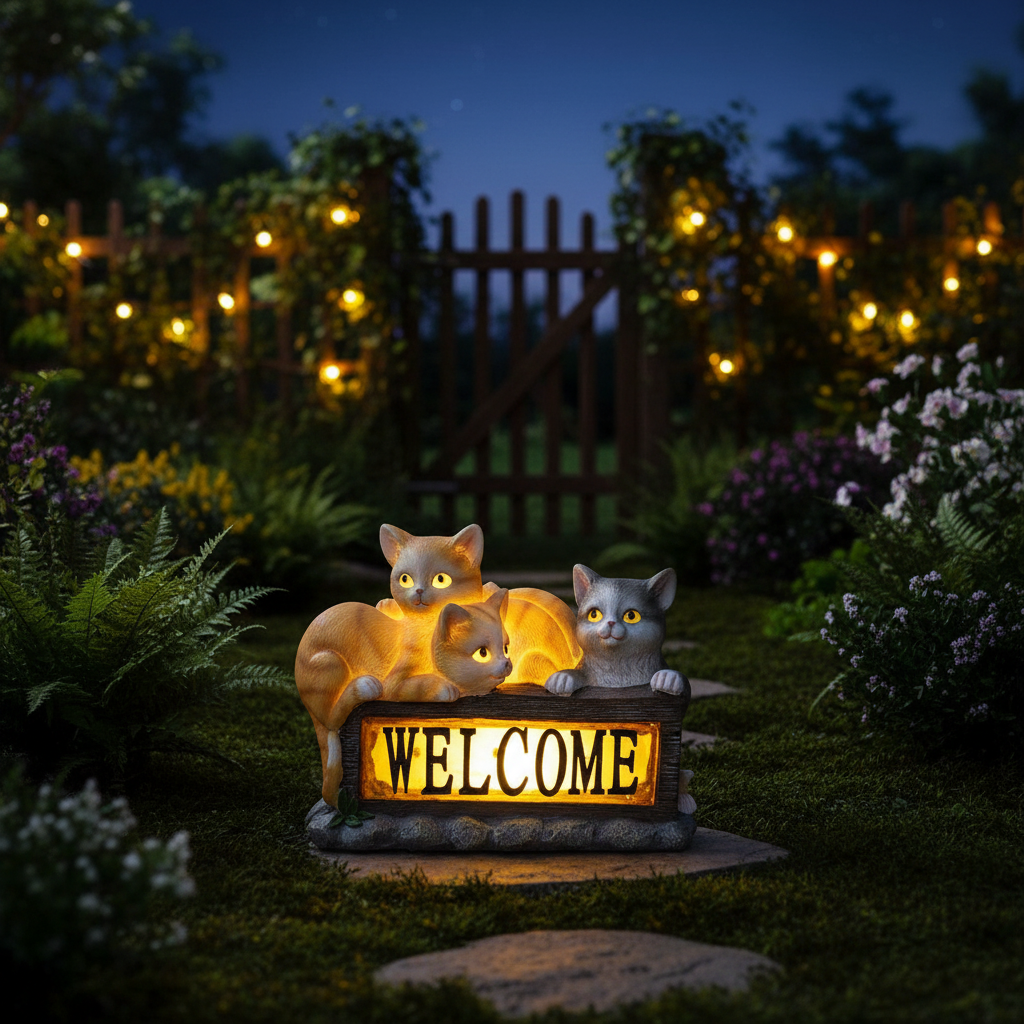 Three kitten statues peeking over glowing Welcome sign at night with solar LED light