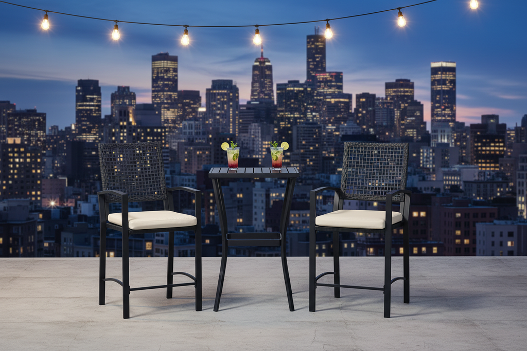 3-piece black wicker bar set with cream cushioned barstools and slat table on a rooftop terrace at dusk