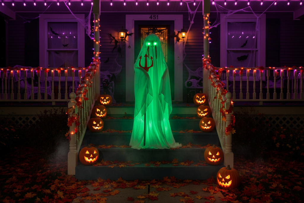 4.3ft sound-activated animatronic ghost with trident glowing green on a Halloween-decorated front porch at night