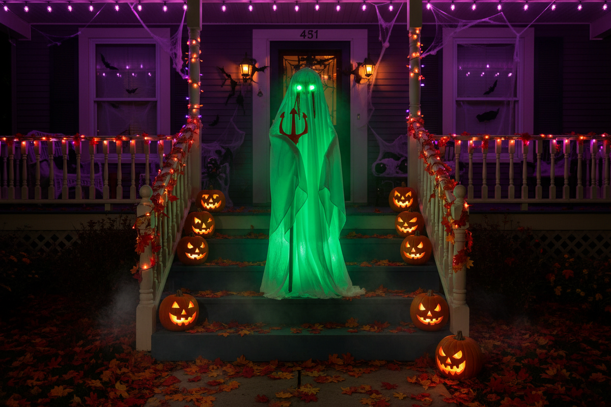 4.3ft sound-activated animatronic ghost with trident glowing green on a Halloween-decorated front porch at night