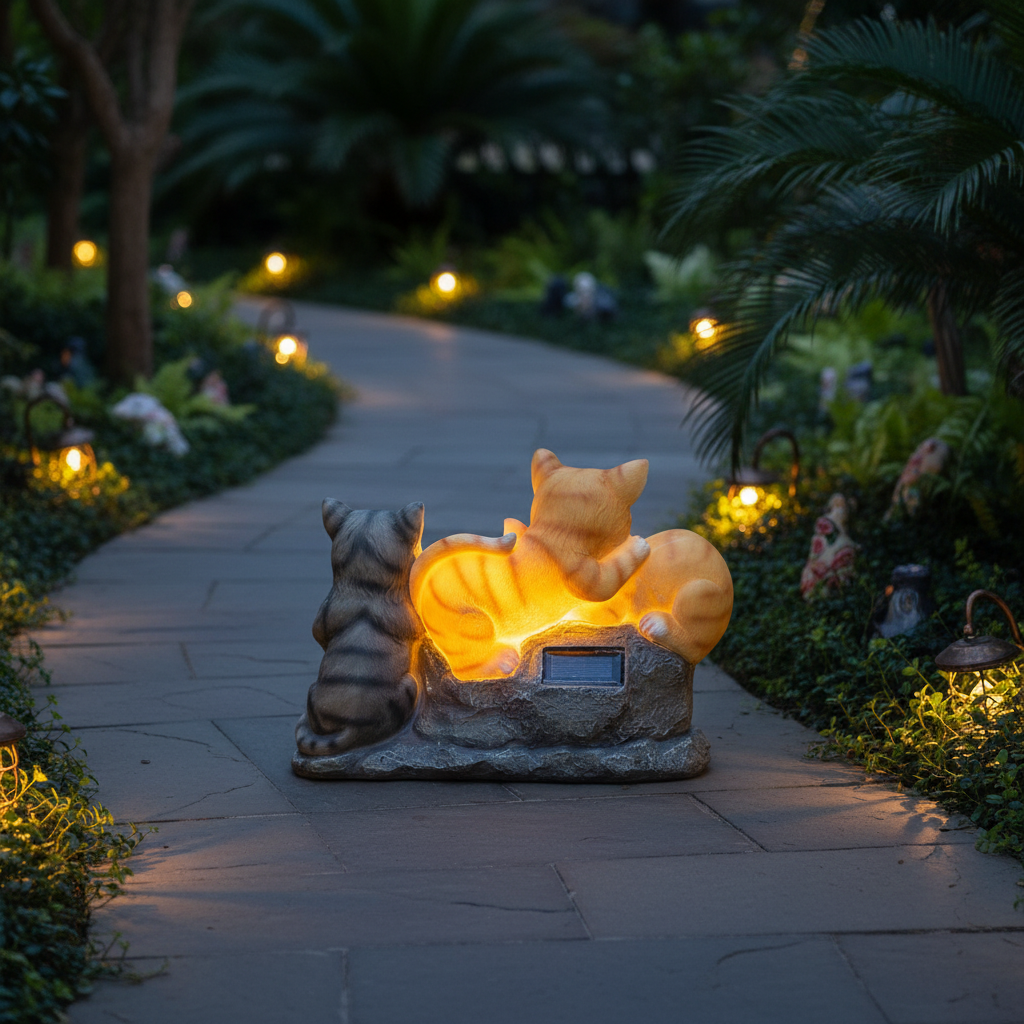 Orange and gray tabby cat statues on rock with solar panel glowing at night