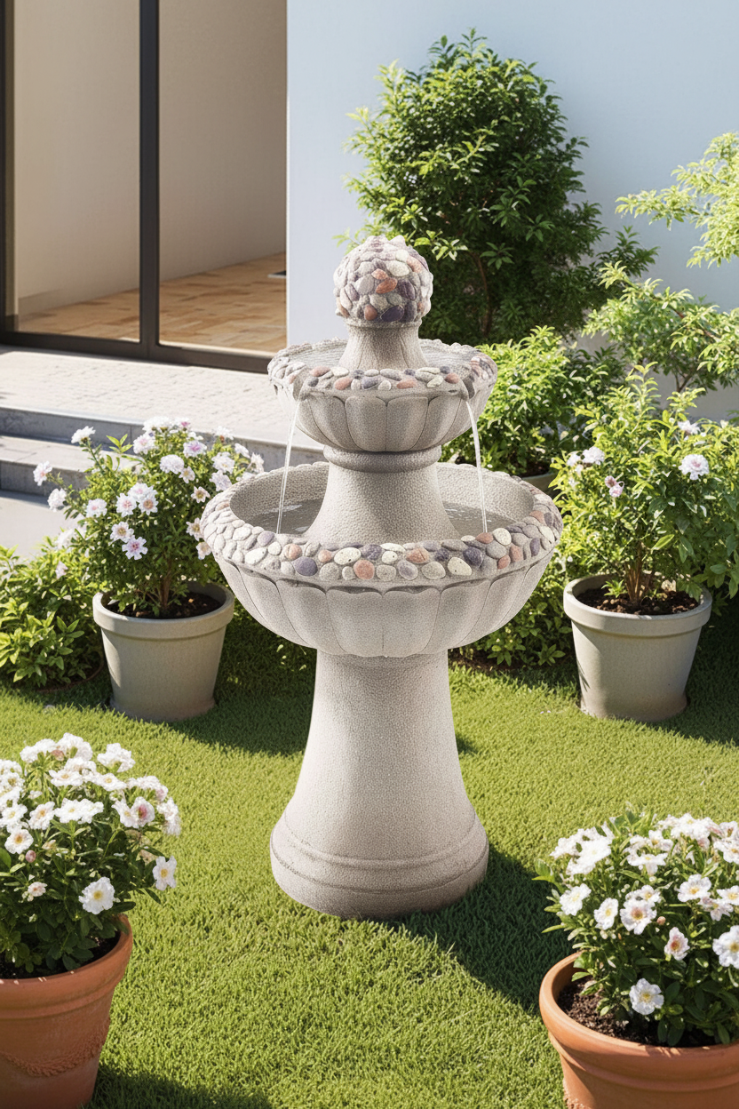 2-tier grey stone pedestal garden fountain with river rock inlay as a centerpiece in a blooming flower garden