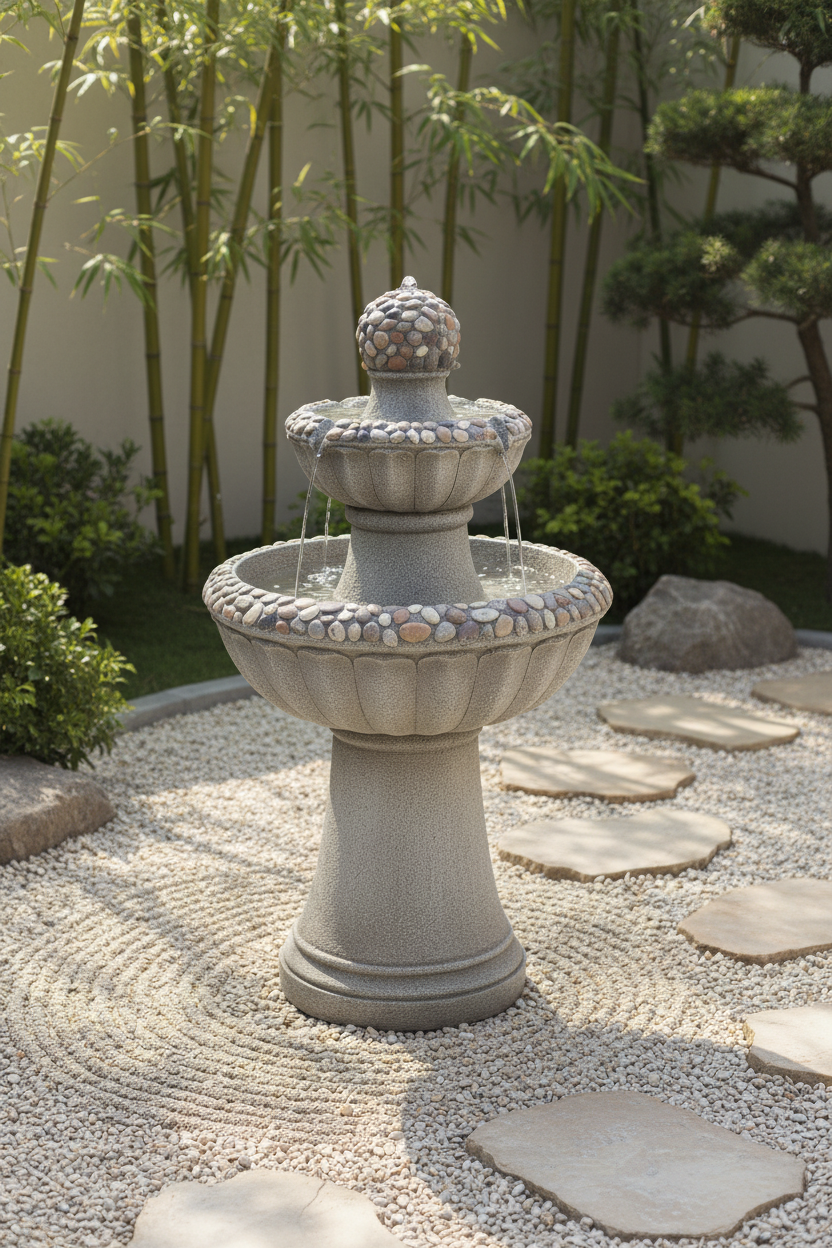 2-tier grey stone garden fountain with river rock inlay in a zen meditation garden with gravel and bamboo