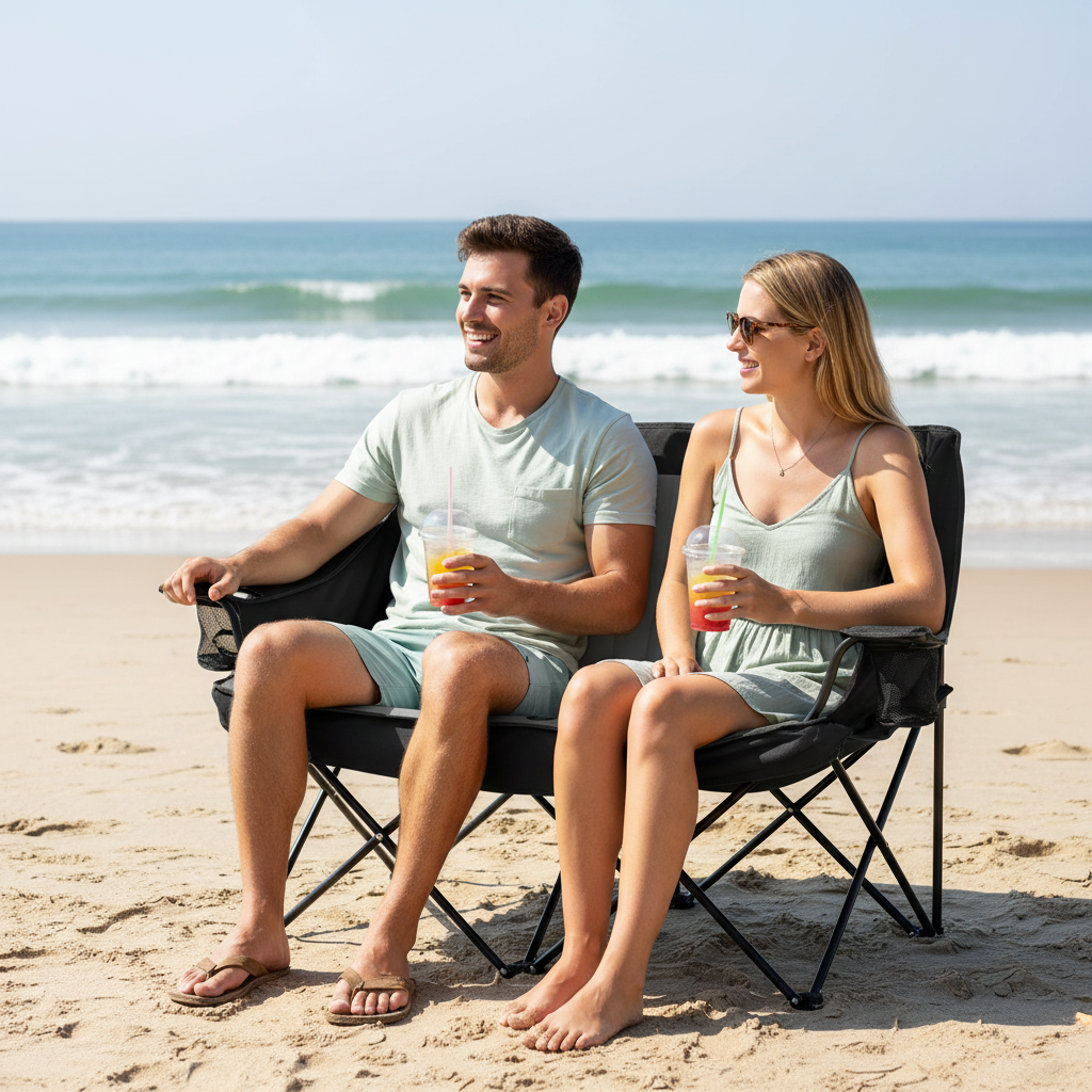Two friends sitting on black oversized two-person camping sofa chair with cup holders on a sunny beach