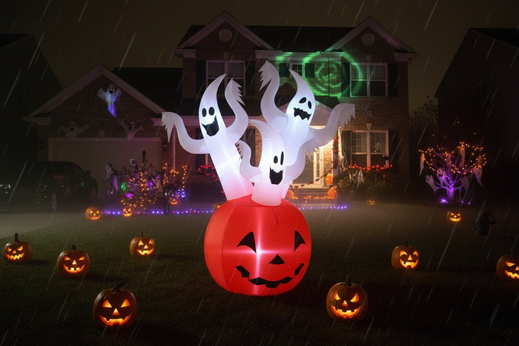 5.9ft Halloween pumpkin ghost inflatable with three glowing ghosts displayed on a front lawn at night