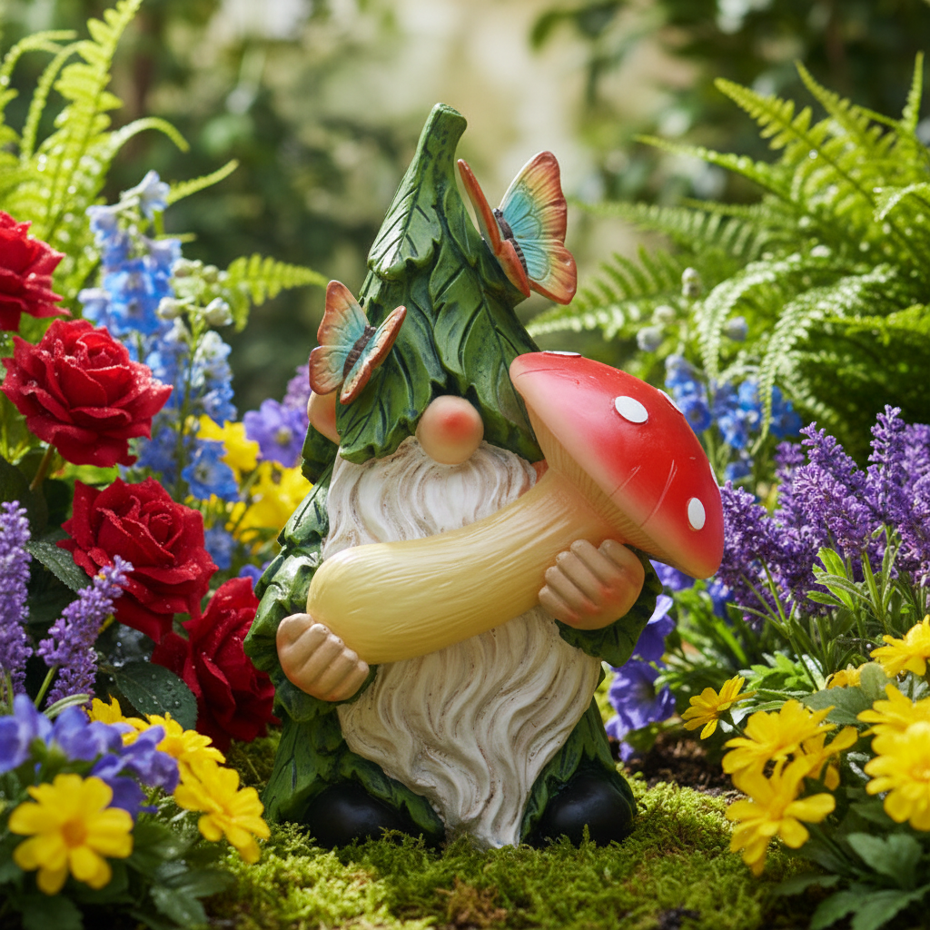 Garden gnome with green leaf hat holding red mushroom in lush garden setting