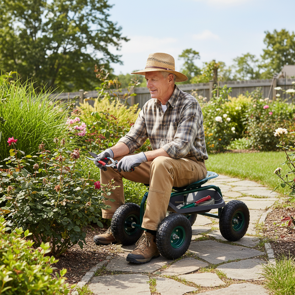 Older man seated on green rolling garden scooter pruning plants along a garden path