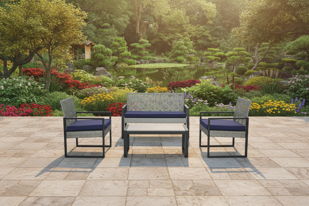 4-piece light gray rattan patio sectional set with navy cushions on a stone garden patio
