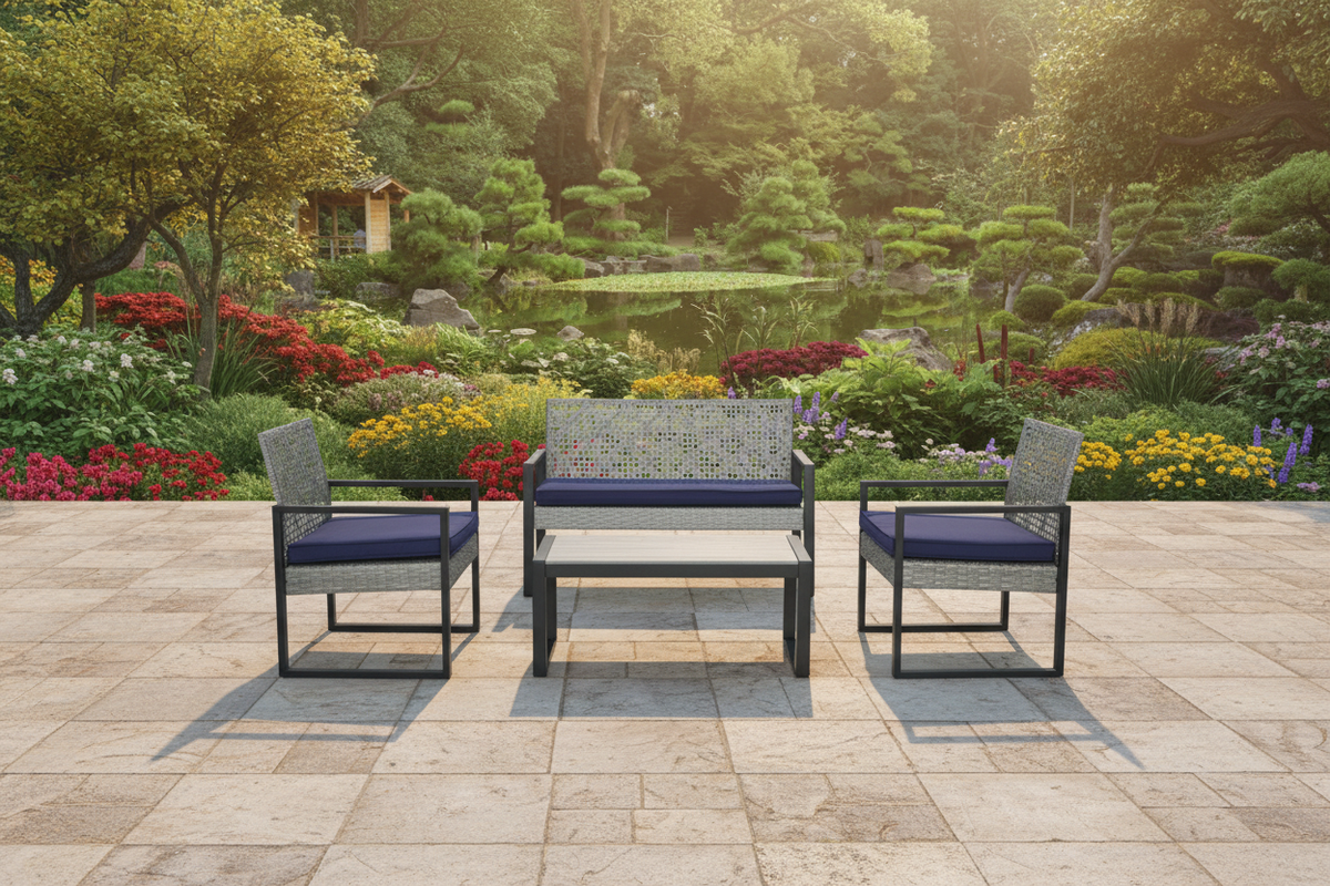 4-piece light gray rattan patio sectional set with navy cushions on a stone garden patio