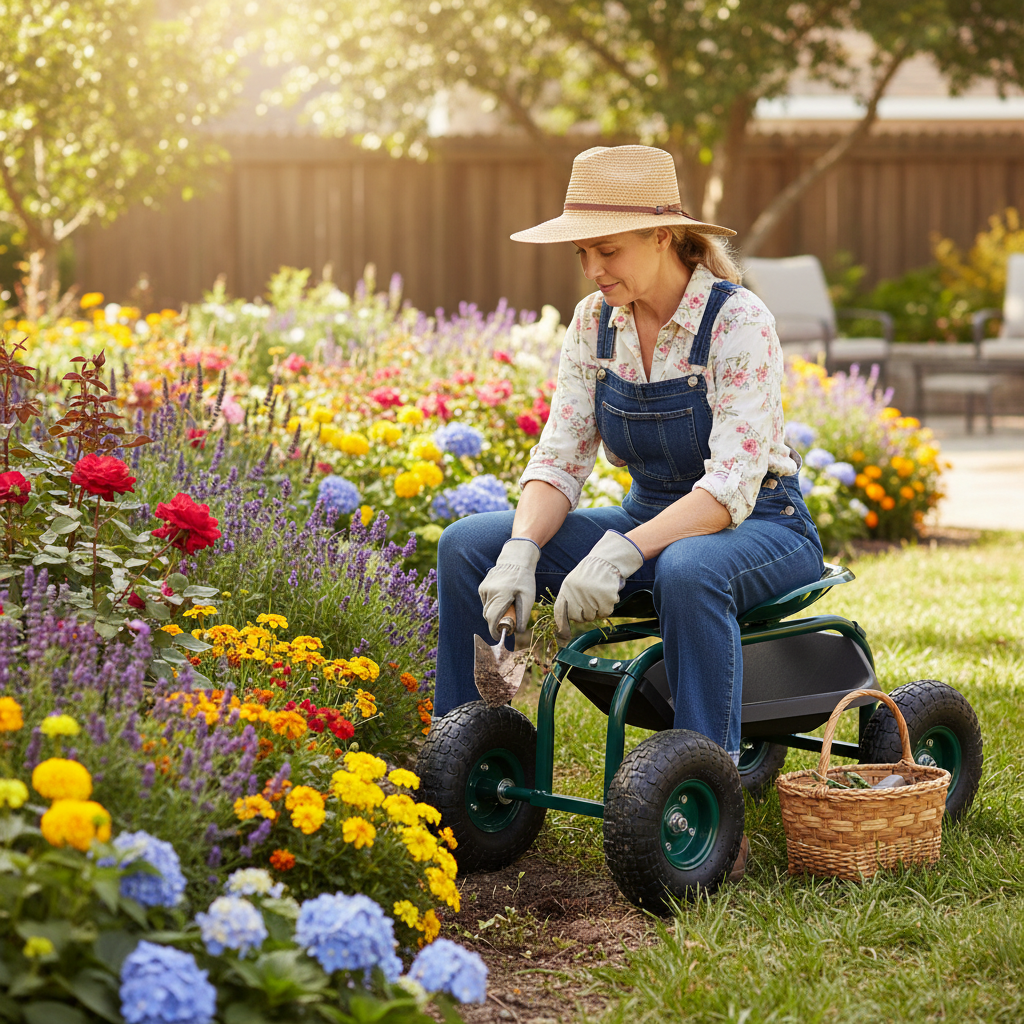 Gardener sitting on green rolling garden scooter cart weeding a flower bed in sunny backyard