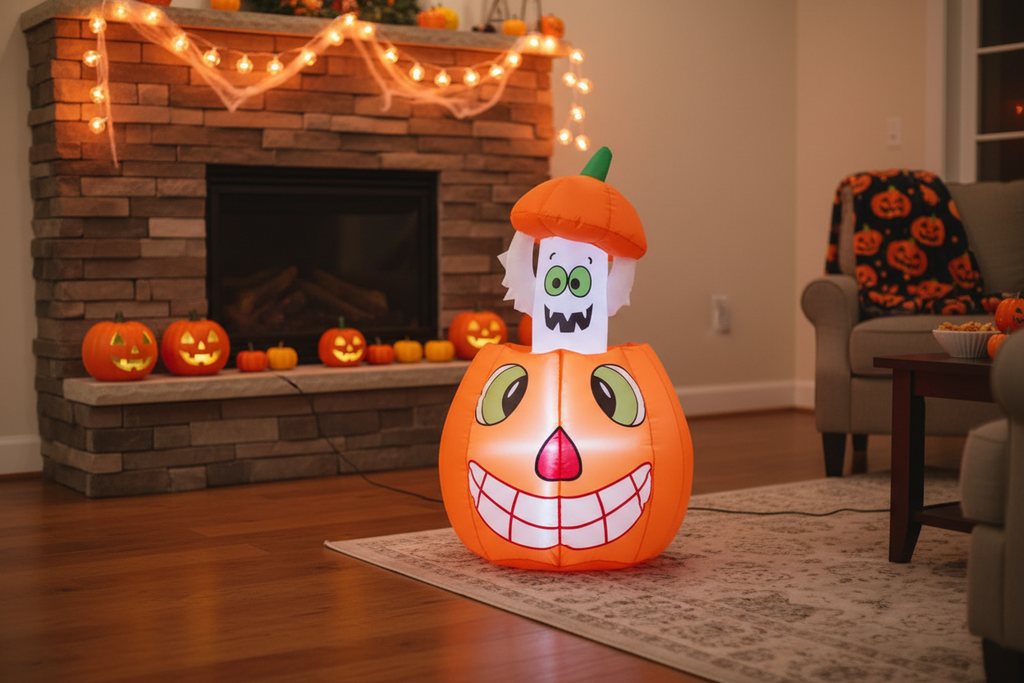 2.8ft animated pumpkin ghost inflatable displayed indoors at a Halloween party