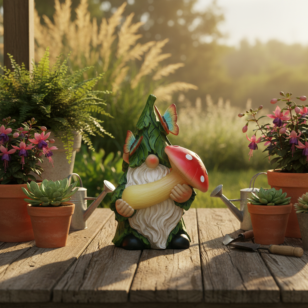 Garden gnome with white beard holding red mushroom on rustic wooden porch at golden hour