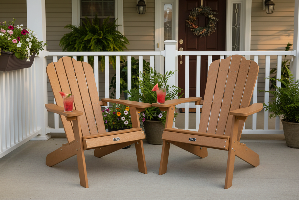 Pair of brown all-weather Adirondack chairs with cup holders on a front porch