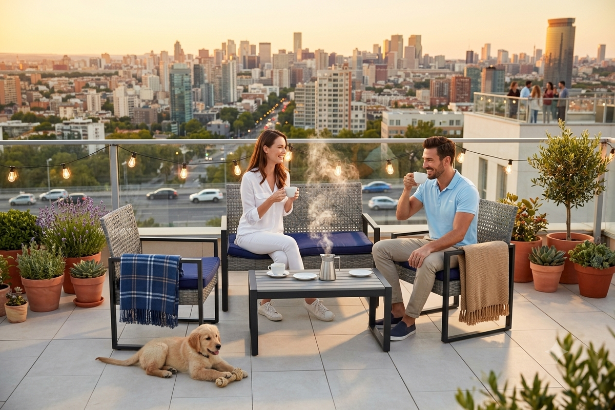 4-Piece Patio Sectional Set – Light Gray PE Rattan, Wood-Look Table & Navy Cushions